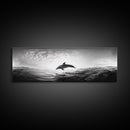 Ocean Dolphin Jump, Seascape Art, Black White Photography, Coastal Wall Decor, Canvas Print, Minimalist Bathroom Wall Art, Nautical Style