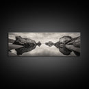 Rock Reflection, Coastal Tranquility, Nature Mirror, Framed Canvas Print, black and white coastal art, zen bathroom decor, moody ocean wall art