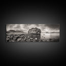 Island Shoreline, Rocky Coast View, Monochrome Nature, Framed Canvas Print, coastal kitchen decor, moody mountain beach wall art