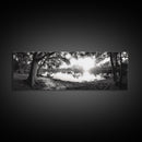 River Sunset, Mossy Trees, Tranquil Reflection, Framed Canvas Print, southern forest wall art, peaceful living room decor, rustic boho vibe