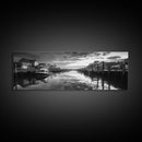 Fishing Dock, Quiet Marina, Waterside Village, Canvas Print, Nautical Wall Art, Lake House Decor, Black and White Photography