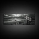 Stormy Beach, Weathered Sign, Moody Ocean, Black and White Photography, Framed Canvas Print, Coastal Gothic Wall Art, Autumn Decor