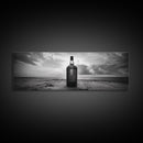 Whiskey on Beach, Bottle Seascape, Moody Coastal Still Life, Canvas Print, Masculine Bar Wall Art, Rustic Living Room Accent Piece