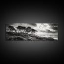 Windswept Pines, Stormy Sea, Moody Coastal Scene, Framed Canvas Print, Rustic Nature Decor, Bedroom Wall Art, Autumn Vibes