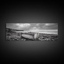 Rocky Beach, Driftwood Crate, Stormy Sky Seascape, Framed Canvas Print, Coastal Rustic Decor, Bathroom Wall Art, Monochrome Style