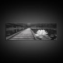 Water Lily, Peaceful Pond, Wooden Dock, Framed Canvas Print, Zen Wall Art, Meditation Room Decor, Black and White Nature Art