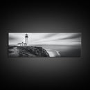 Lighthouse Serenity, Coastal Fog, Ocean Horizon, Canvas Print, Black and White Decor, Office Wall Art, Nautical Theme, Moody Photography
