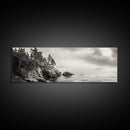 Windy Pines, Rocky Shoreline, Ocean Wilderness, Canvas Print, Vintage Nature Photography, Hallway Wall Art, Outdoor Adventure Vibe