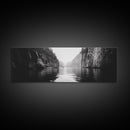 Misty Canyon, River Passage, Tranquil Adventure, Canvas Print, Nature Escape Wall Art, Zen Office Decor, Moody Black and White Style