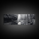 Misty River, Tranquil Forest, Autumn Nature, Monochrome Photography, Framed Canvas Print, Bedroom Wall Art, Rustic Decor, Minimalist Style