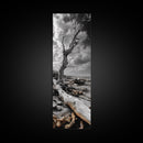 Weathered Tree, Coastal Roots, Dramatic Sky, Natural Form – Canvas Print, Living Room Wall Art, Monochrome Photography, Driftwood Decor
