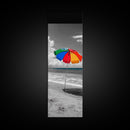 Rainbow Umbrella, Sandy Beach, Summer Sky, Framed Canvas Print, Coastal Bathroom Art, Vibrant Beach Decor, Modern Tropical Style