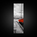 Vibrant Boat, Dockside Scene, Nautical Decor, Color Accent, Framed Canvas Print, Black and White Photography, Coastal Wall Art, Bathroom Art