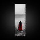 Solitude Reflection, Red Dress Woman, Tranquil Mood, Autumn Lake Scene, Framed Canvas Print, Mindful Art, Bedroom Wall Decor