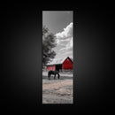 Red Barn, Black Horse, Country Charm, Rustic Farm Framed Canvas Print, farmhouse wall decor, autumn art, rustic bedroom wall art