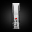 Red Umbrella, Rainy Day, Urban Silhouette, Framed Canvas Print, Minimalist Wall Art, Modern Entryway Decor, Monochrome Mood