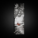 Lonely Figure, Red Bench, Reflective Scene, Peaceful Beach Wall Art, Framed Canvas Print, Black and White Photography, Zen Room Decor