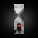 Red Canoe, Mountain Lake, Minimalist Reflection, Snowy Peaks, Framed Canvas Print, Nordic Cabin Wall Art, Serene Bedroom Decor