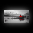 Red Cabin, Lake House, Mountain Reflection, Framed Canvas Print, Nordic Art, Winter Landscape, Bedroom Wall Art, Modern Minimalist Decor