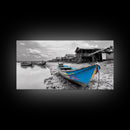 Blue Boat, Shore Village, Coastal Charm, Framed Canvas Print, Rustic Fishing Art, Seaside Home Decor, Nautical Style, Ocean Wall Art