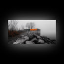 Fog Wall, Concrete Graffiti, Misty Lake Path, Framed Canvas Print, Urban Nature Blend, Moody Art, Hallway Decor, Modern Grayscale Style