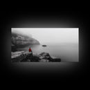 Red Hoodie, Ocean Cliff, Misty Silence, Framed Canvas Print, Minimalist Solitude Art, Mental Health Awareness, Bedroom Wall Decor, Calm Scene
