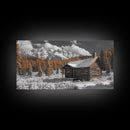 Snowy Cabin, Winter Landscape, Mountain Lodge, Rustic Retreat, Framed Canvas Print, Cozy Wall Art, Cabin Living, Holiday Decor