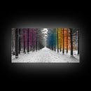 Snowy Pines, Rainbow Forest, Winter Walkway, Colorful Trees, Canvas Print, Whimsical Art, Nursery Wall Art, Minimalist Nature Style