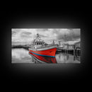 Red Boat, Dock Reflections, Moody Sky, Harbor Life, Framed Canvas Print, Nautical Wall Decor, Coastal Art, Living Room Art, Maritime Style