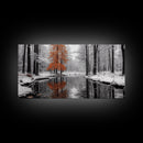 Orange Tree, Snow Forest, Winter River, Autumn Contrast, Canvas Print, Fall Wall Decor, Living Room Art, Nature Photography, Moody Art