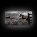 Rustic Horse, Country Fence, Western Scene, Moody Skies – Framed Canvas Print, Farmhouse Wall Art, Autumn Decor, Cabin Living, Cowboy Vibe