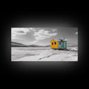 Yellow Cabin, Frozen Lake, Snowy Escape, Winter Minimalism – Framed Canvas Print, Scandinavian Wall Art, Cozy Living Room, Nordic Style