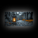Lantern Glow, Forest Trail, Autumn Leaves, Soft Light, Framed Canvas Print, Fall Wall Art, Rustic Entryway Decor, Nature Photography Print