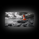 Red Lighthouse, Stormy Sea, Rocky Shore, Moody Coastal, Framed Canvas Print, Nautical Wall Art, Dramatic Bathroom Decor, Ocean Vibes