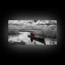 Solitary Canoe, Peaceful Waters, Cloudy Sky, Red Shirt, Framed Canvas Print, Nature Explorer Gift, Cabin Wall Art, Rustic Fall Scene