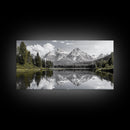 Serene Lake, Snowy Peaks, Forest Reflection, Canvas Print, Nature Photography, Modern Living Room Art, Black White Green Decor