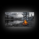 Campfire Sunset, Lake Reflections, Wilderness Escape, Nature Serenity, Framed Canvas Print, Rustic Decor, Autumn Wall Art, Living Room