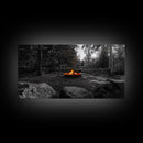 Forest Campfire, Glowing Flames, Outdoor Retreat, Cozy Autumn, Framed Canvas Print, Rustic Wall Decor, Fall Living Room Art, Nature Scene