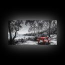 Red Picnic Table, Lakeside Spot, Forest Escape, Outdoor Moment, Framed Canvas Print nature wall art, rustic cabin decor, adventure print