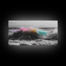 Rainbow Ocean Wave, Vibrant Sea Spray Art, Color Explosion Surf, Framed Canvas Print, Bathroom Wall Art, Coastal Modern Abstract