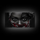 Fierce Eyes, Red Bandana, Bold Portrait, Afro Art, Framed Canvas Print, Bedroom Wall Art, Powerful Gaze, Monochrome With Red Accent