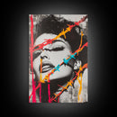 Neon Barbed Beauty, Graffiti Glam, Bold Portrait, Framed Canvas Print, Urban Wall Art, Edgy Bedroom Decor, Pop Art Style Statement
