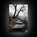 Stone Path, Autumn Trail, Moody Forest, Yellow Leaves, Canvas Print, Fall Nature Wall Art, Rustic Entryway Decor, Misty Woodland Scene