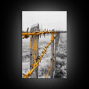 Yellow Fence Wire, Rustic Barbed Wire, Country Fence, Framed Canvas Print, Farmhouse Wall Art, Minimalist Rustic Home Decor