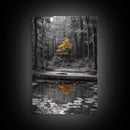 Lone Yellow Tree, Tranquil Pond, Forest Reflection, Canvas Print, Fall Nature Wall Art, Autumn Minimalist Decor, Peaceful Meditation Room