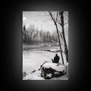 Winter Fishing, Snowy River, Peaceful Solitude, Canvas Print, Cabin Wall Art, Rustic Outdoor Decor, Black White Nature Photography