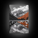 Mountain Reflections, Autumn Pines, Glacial Water Scene, Framed Canvas Print, Fall Landscape Wall Art, Nature Lover Home Decor