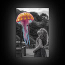 Surreal Jellyfish, Child Wonder, Fantasy Ocean Scene, Framed Canvas Print, Kids Room Wall Art, Vibrant Color Pop Art, Dreamy Decor