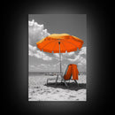 Orange Umbrella Shade, Beach Chill Scene, Relax Spot, Framed Canvas Print, Summer Wall Art, Vacation Vibe Decor, Minimalist Beach Art