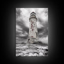 Rustic Lighthouse Shore, Weathered Tower Art, Stormy Coast Scene, Moody Seaside, Framed Canvas Print, nautical bathroom or den wall decor